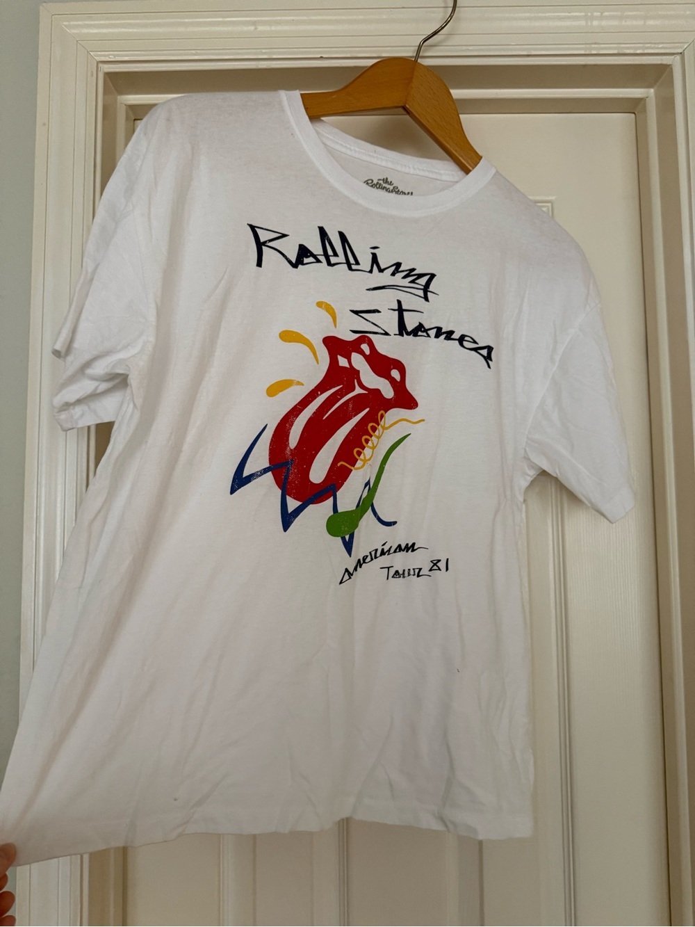 the Rolling Stones White Tee with Colorful Tongue Logo